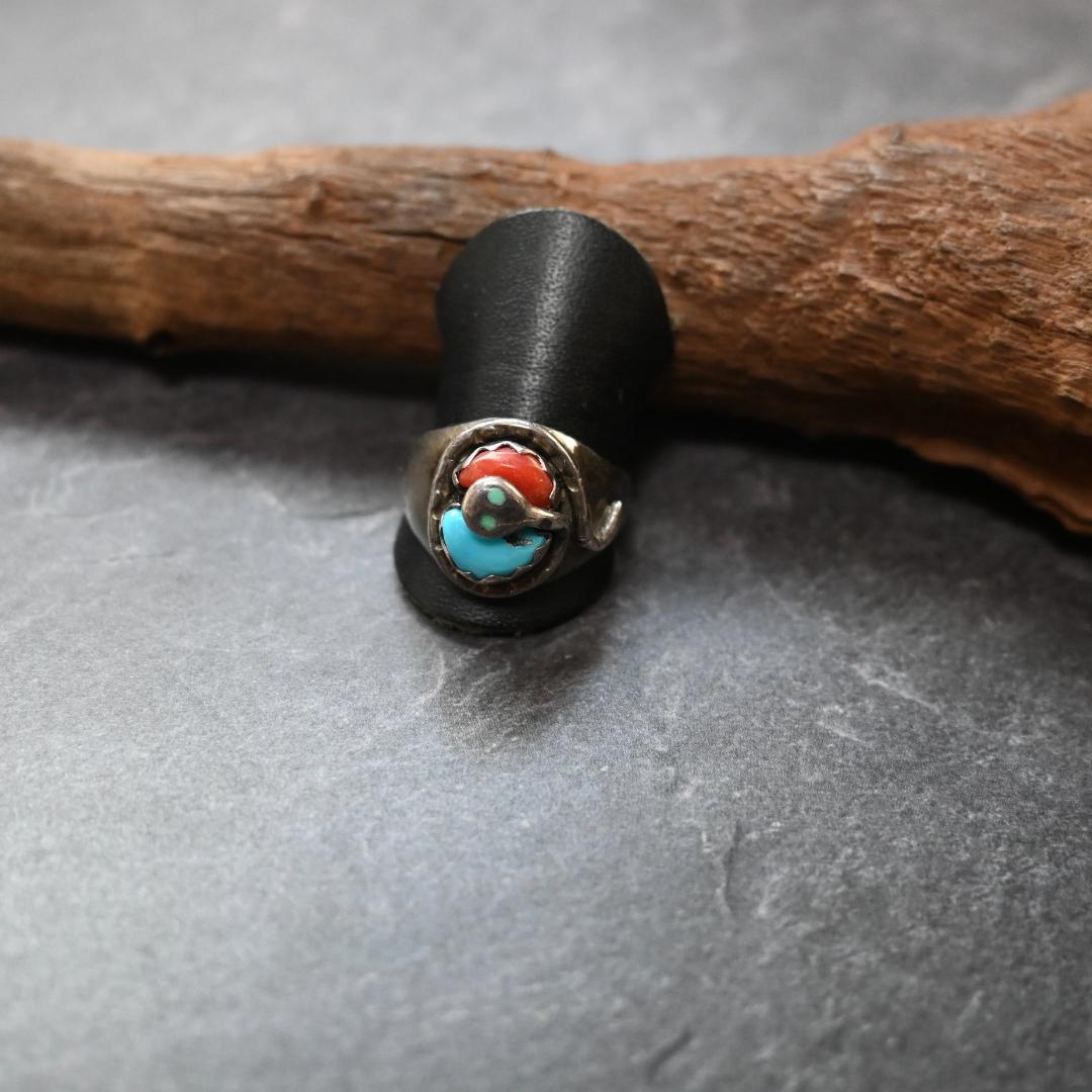 ズニ族 エフィー カラバサ ターコイズ リング コーラル　珊瑚 18号 zuni