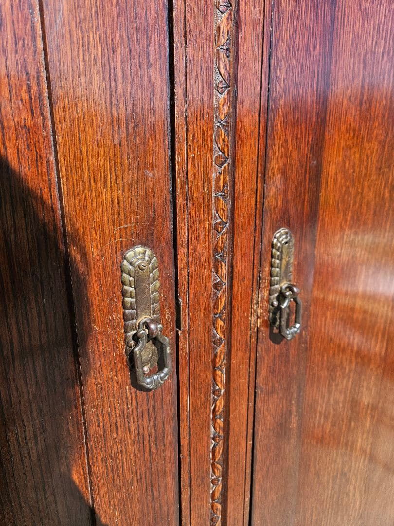 英国アンティーク 古いワードローブ 洋服箪笥 木製 無垢 ミラー 引出し付き