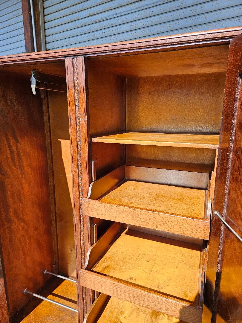 英国アンティーク 古いワードローブ 洋服箪笥 木製 無垢 ミラー 引出し付き