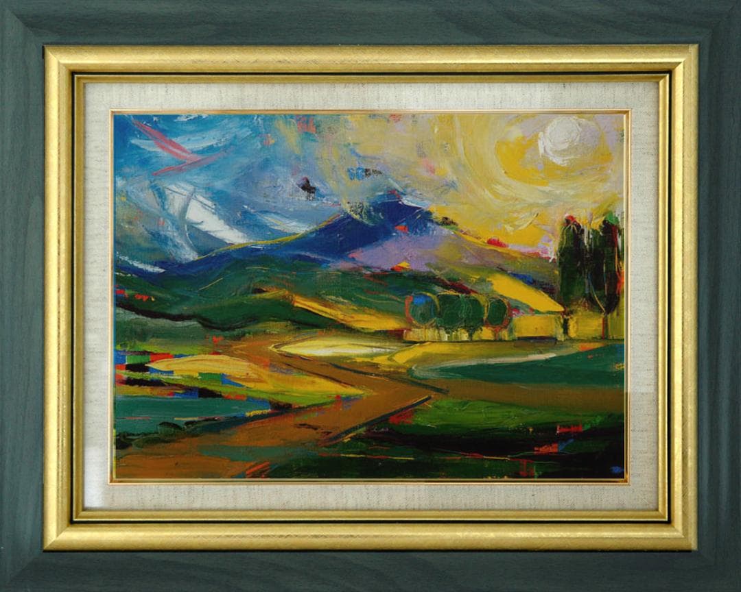 絵画 インテリア 絵 額付(黒）油絵 F4-081411 風景 朝夕陽 山 田園