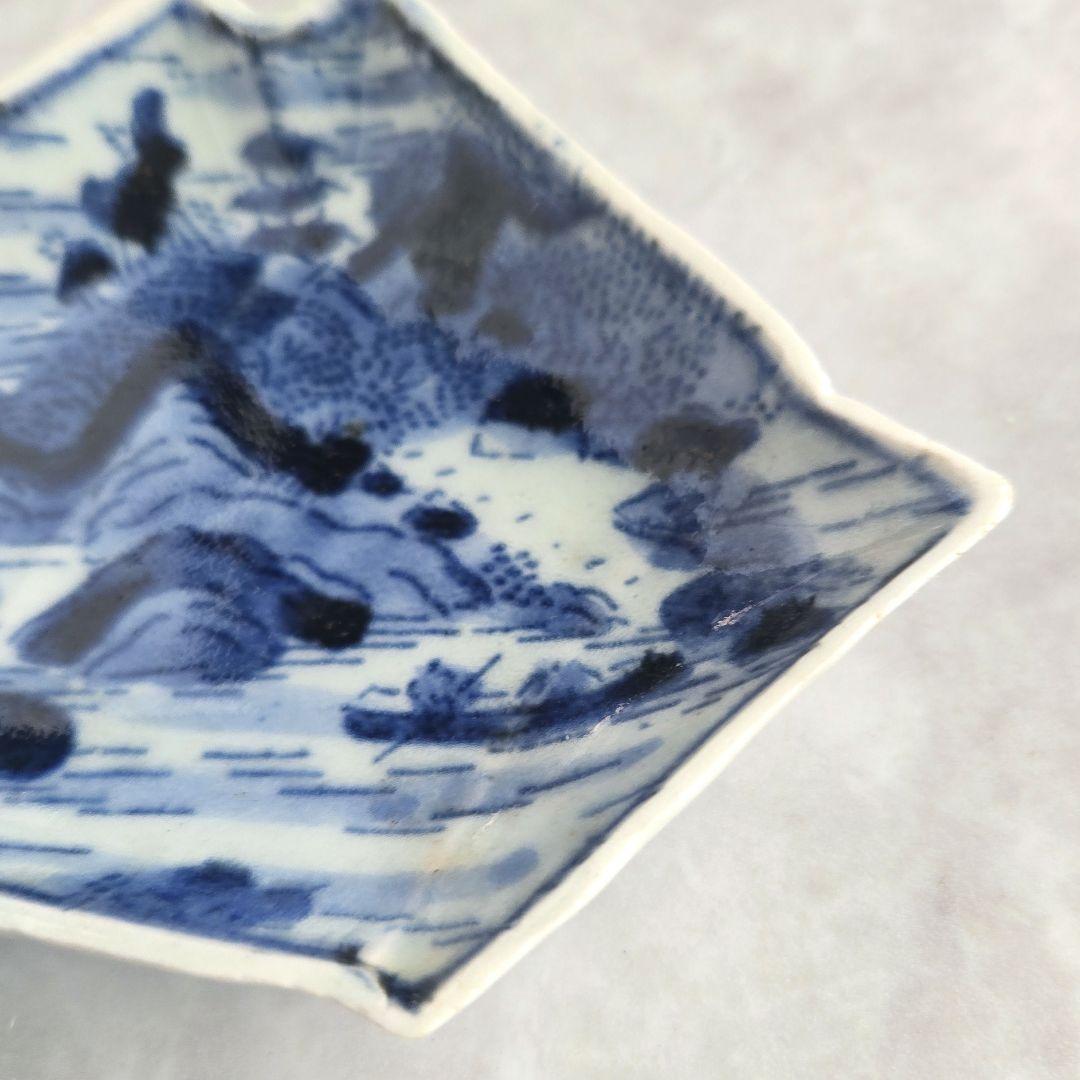 古伊万里　染付小皿　型紙摺印判　山水文　上手型物　骨董品　アンティーク　金継ぎ