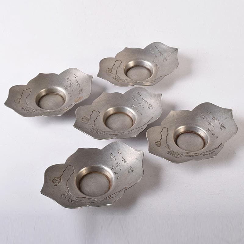 eee 様義春銘　漢詩霊芝刻　木瓜式　茶托　五客　合計約364g　U　R8263