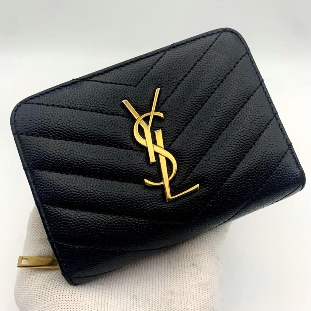 箱付き 美品 サンローラン 財布 カサンドラ YSL 二つ折り コンパクト 黒