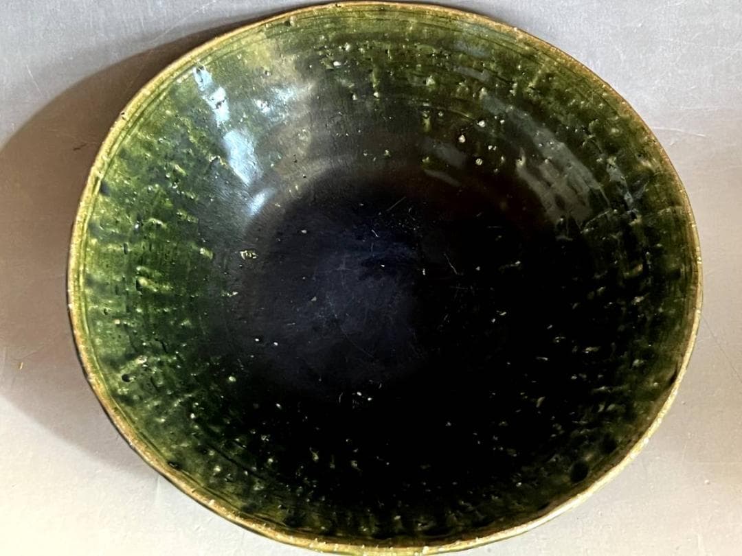鉢■青織部焼き 平鉢 深皿 緑釉 料理 お茶道具 南雅？渦巻高台 時代物骨董品■