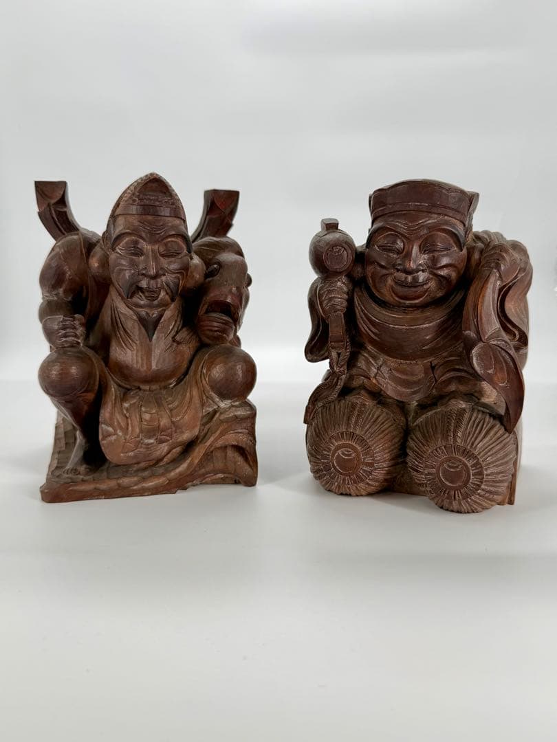 佐藤正貫作　木彫り　恵比寿　大黒天　置物　一対　明治