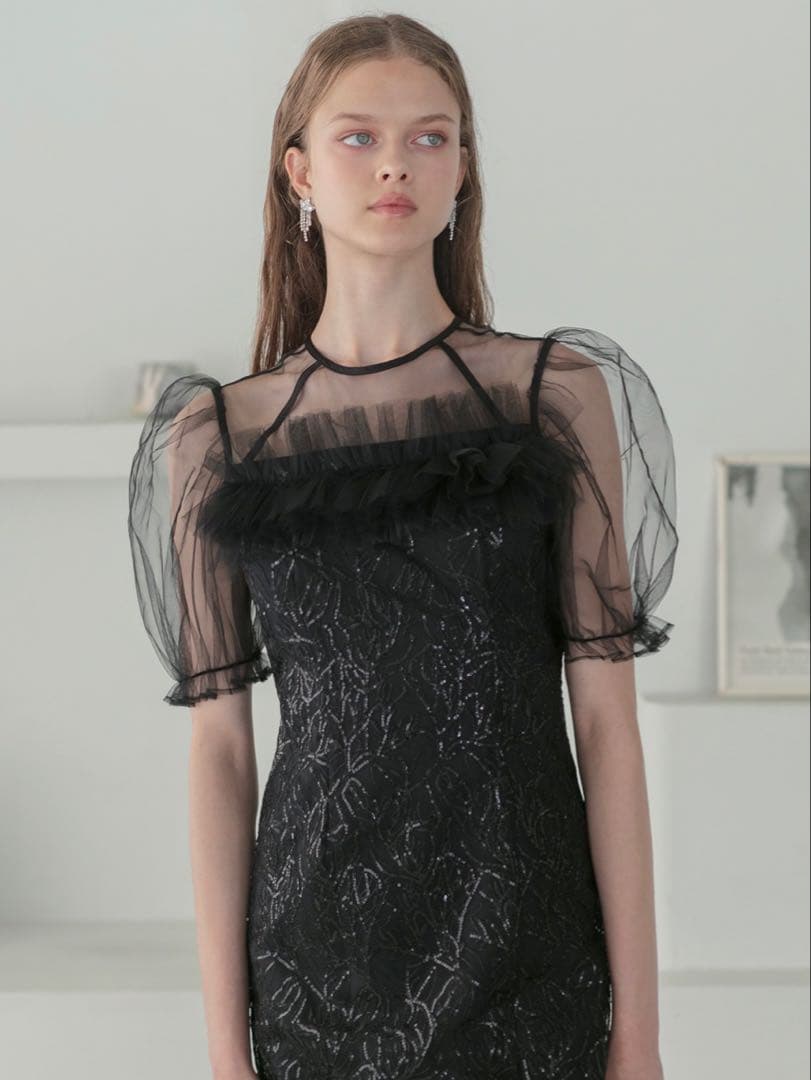 チュールフラワースパンコールIラインワンピースドレス結婚式二次会パーティー成人式