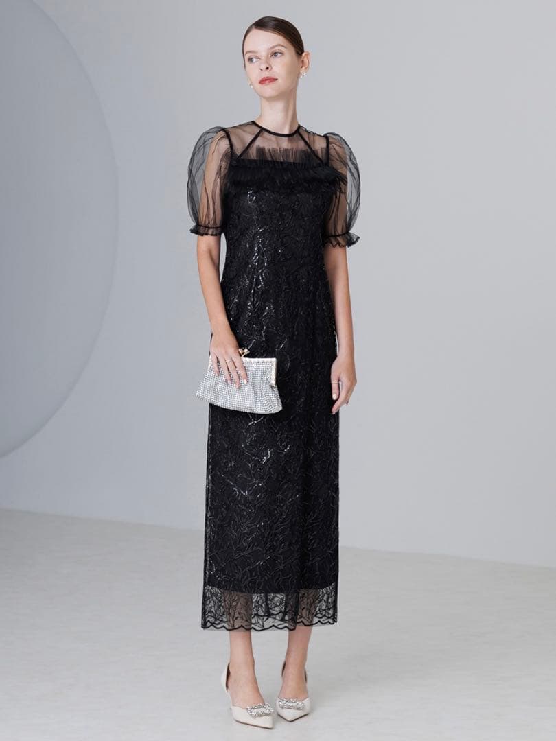 チュールフラワースパンコールIラインワンピースドレス結婚式二次会パーティー成人式