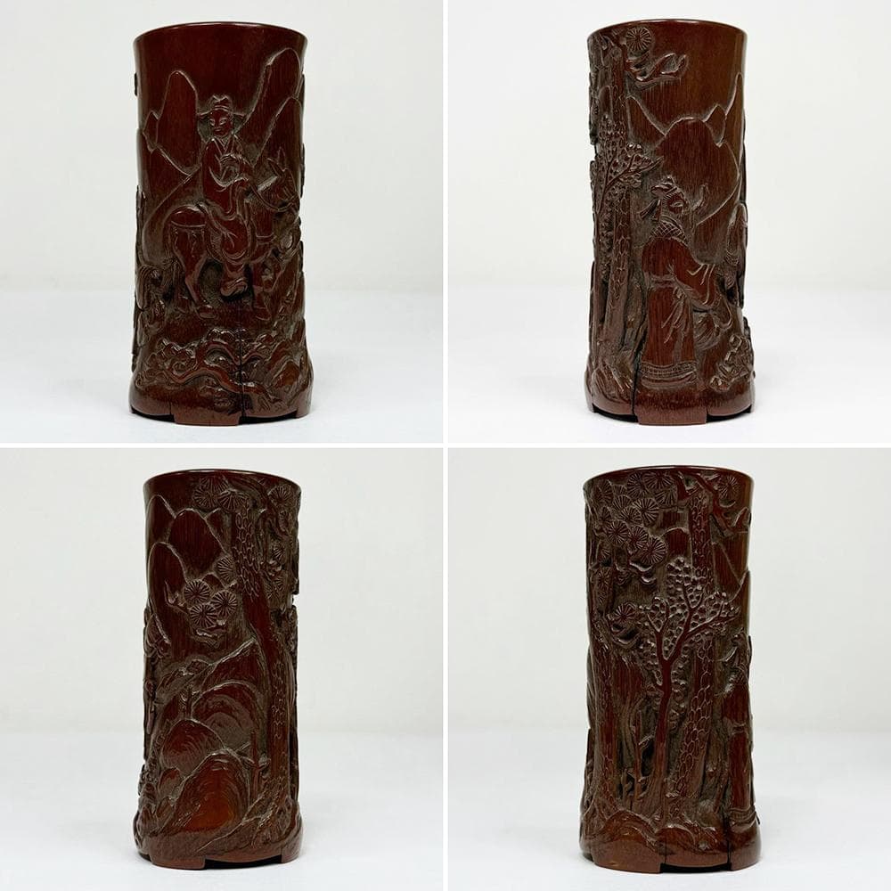 【竹】　★ 竹木 唐竹彫送別図筆筒 ★　清朝期　松樹 人物 彫刻文様　文房珍玩