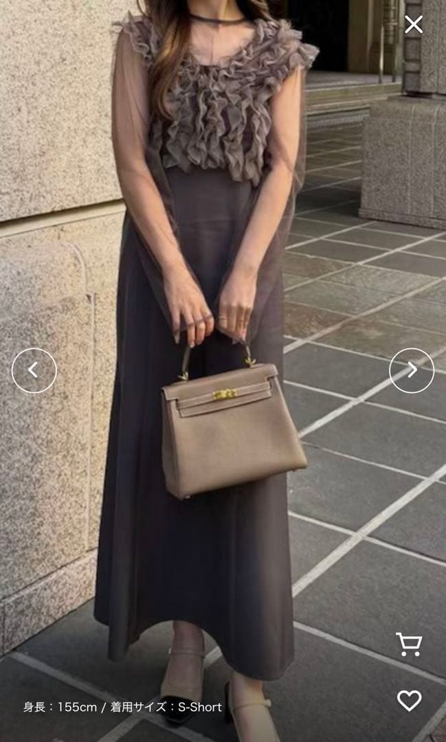 フリル付きグレーシフォンロングドレス