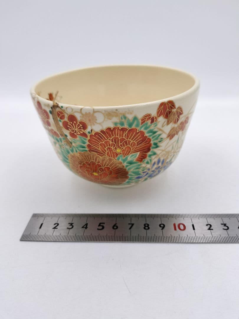 c166【新品・未使用】茶碗 色絵 四季草花 南口閑粋 木箱 茶道具 NI7