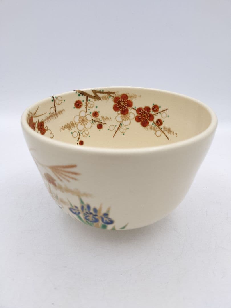 c166【新品・未使用】茶碗 色絵 四季草花 南口閑粋 木箱 茶道具 NI7