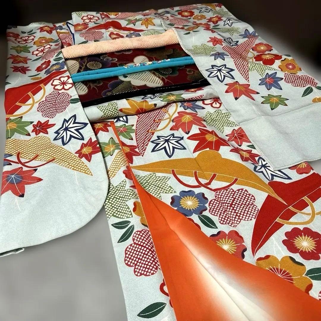 振袖と長襦袢のセット　栗山吉三郎　落款あり　京紅型　桜楓市女笠 　水色　小柄な方