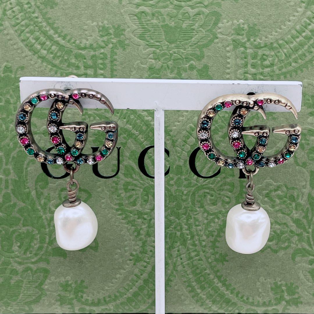 GUCCI ピアス　GG マルチストーン　インターロッキング　パール　ゴールド