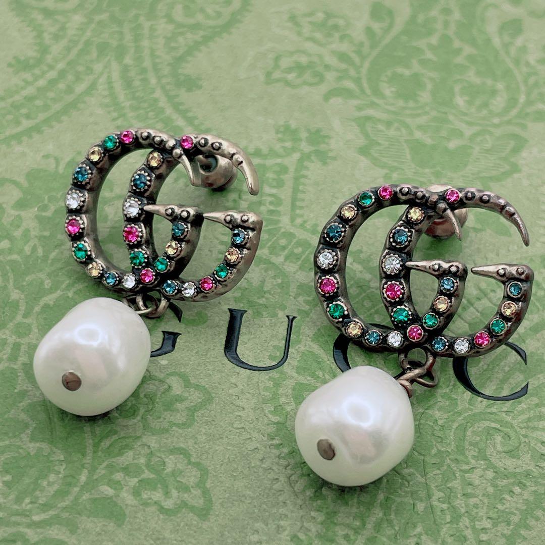 GUCCI ピアス　GG マルチストーン　インターロッキング　パール　ゴールド