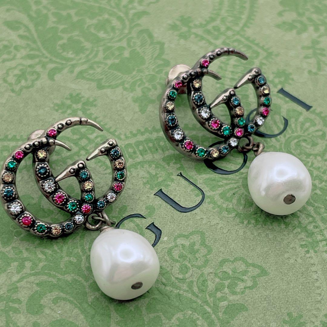 GUCCI ピアス　GG マルチストーン　インターロッキング　パール　ゴールド