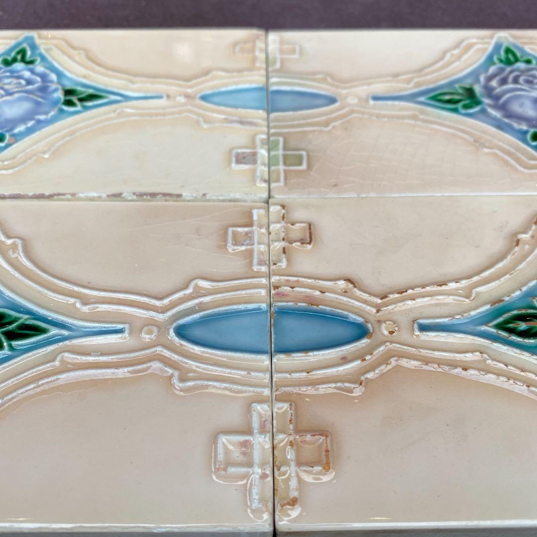 ハンドメイド日本製アンティークマジョリカタイル⑩Ａ４枚セット　プラナカンタイル