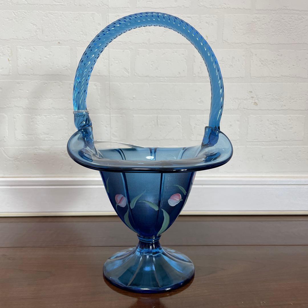 フェントン　ハンドペイント　ブルー チューリップ ガラス バスケット