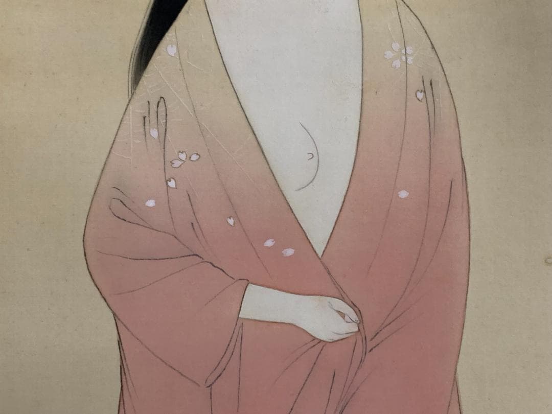 一清 浮世絵美人と仔猫図 絹本 肉筆 掛軸 美人画 839