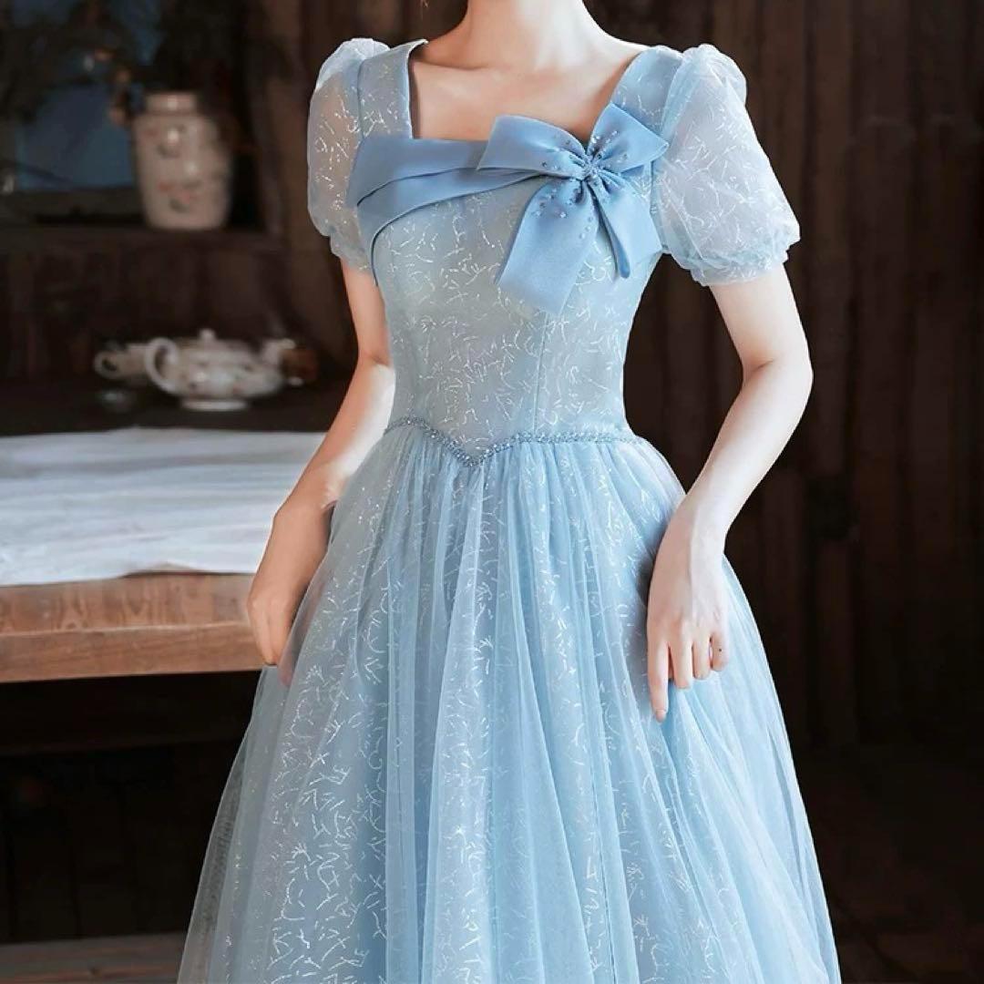 カラードレス、パーティードレス、リボン、シースルーの半袖、イブニングドレス