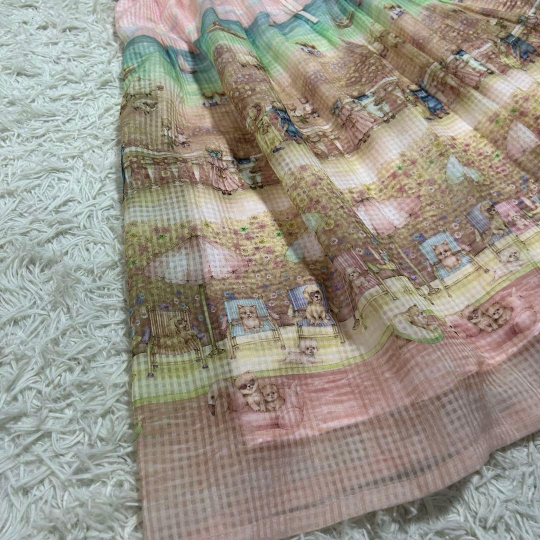 13954✨yukiemon 転写 犬 ビーチ チュール フレアスカート ピンク