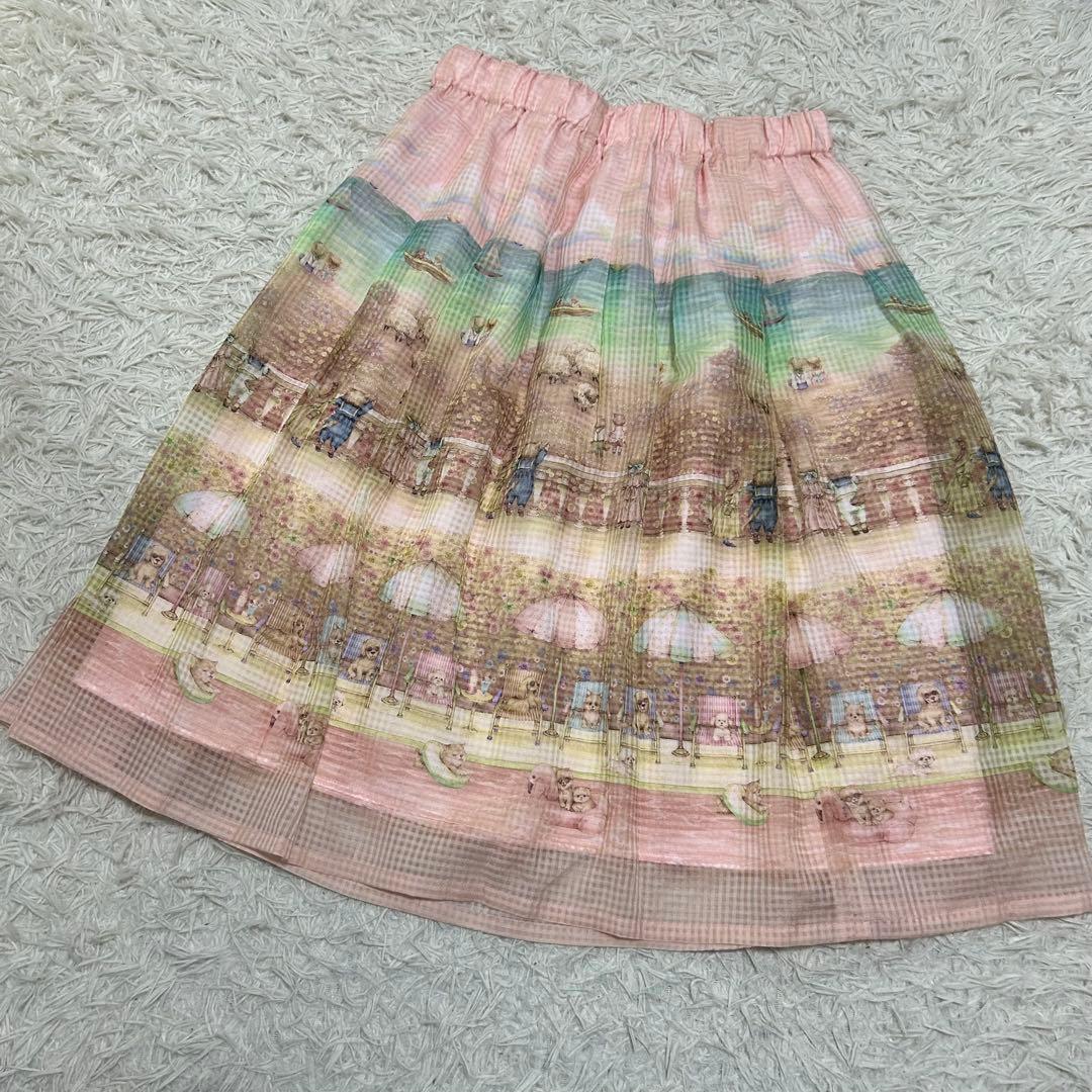 13954✨yukiemon 転写 犬 ビーチ チュール フレアスカート ピンク