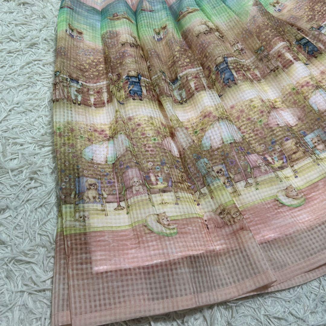 13954✨yukiemon 転写 犬 ビーチ チュール フレアスカート ピンク