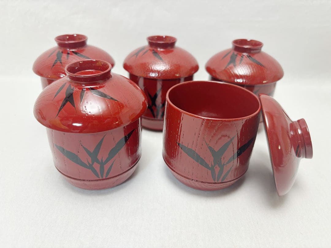 ほぼ未使用 懐石道具 塗師岡本陽斎作木製朱塗竹蒔絵 箸洗小吸物椀 5客竹形 共箱