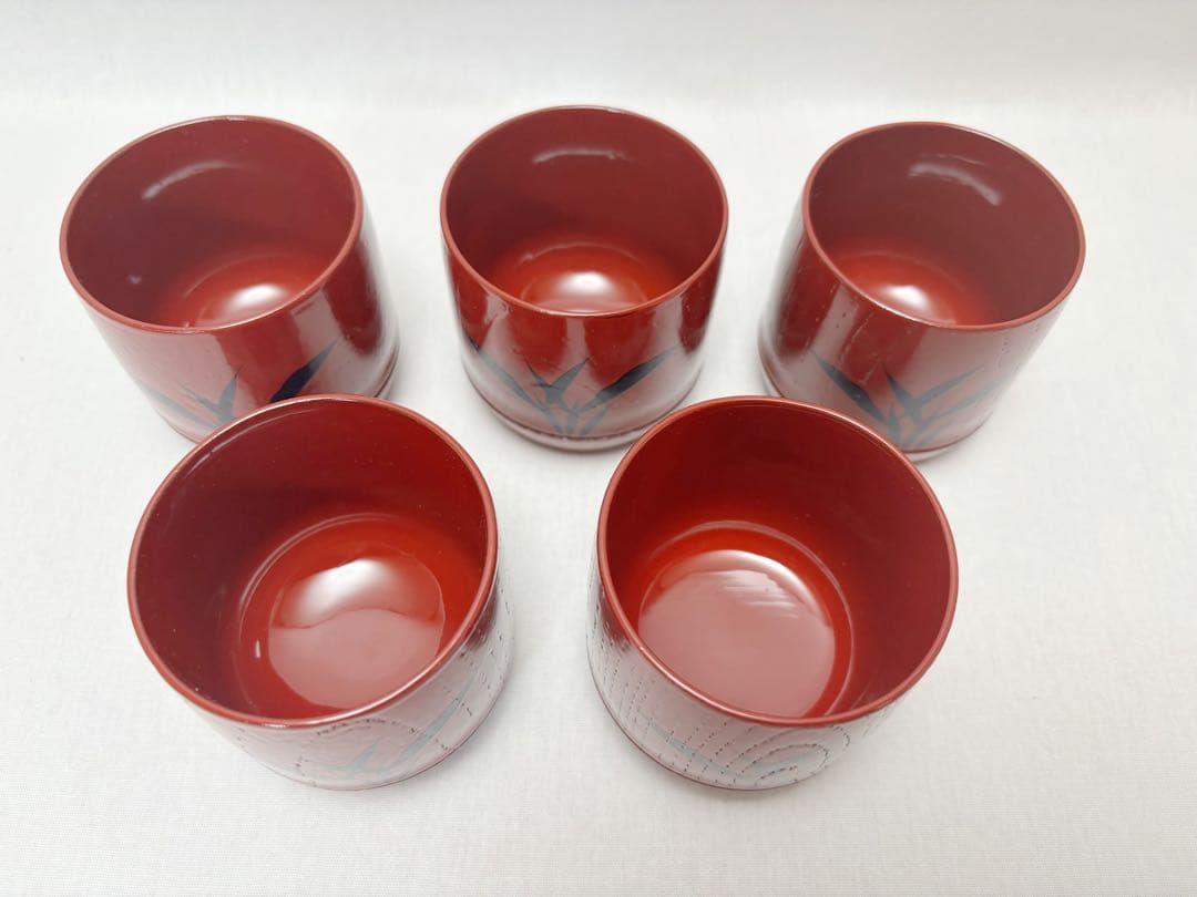 ほぼ未使用 懐石道具 塗師岡本陽斎作木製朱塗竹蒔絵 箸洗小吸物椀 5客竹形 共箱