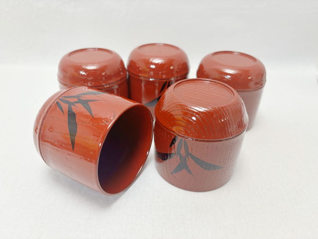 ほぼ未使用 懐石道具 塗師岡本陽斎作木製朱塗竹蒔絵 箸洗小吸物椀 5客竹形 共箱