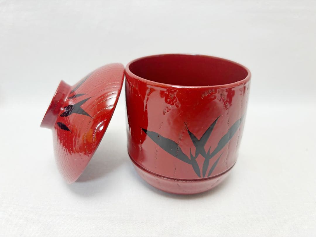 ほぼ未使用 懐石道具 塗師岡本陽斎作木製朱塗竹蒔絵 箸洗小吸物椀 5客竹形 共箱