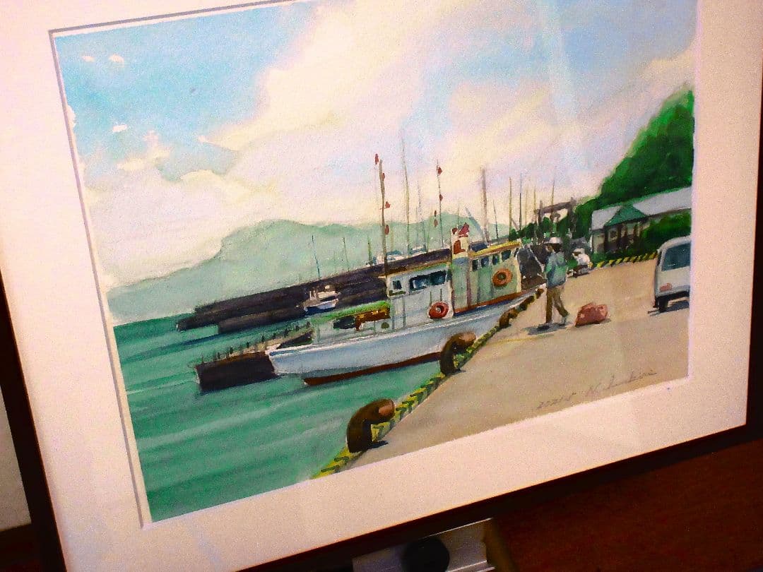 水彩画 長閑な風景(額縁付き)