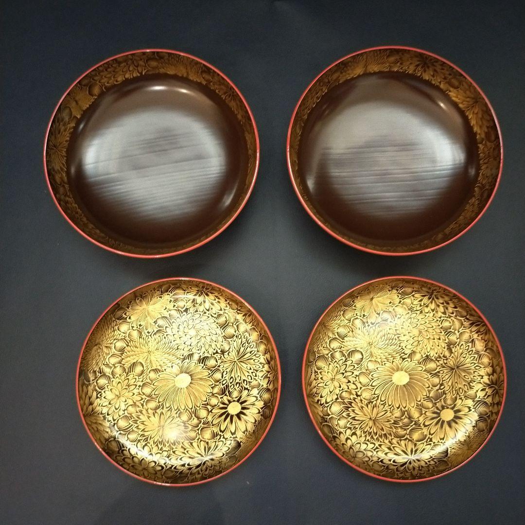 朱漆塗 見返し 総沈金 菊花紋詰 蓋付き 菓子椀 吸物椀 懐石椀 3客