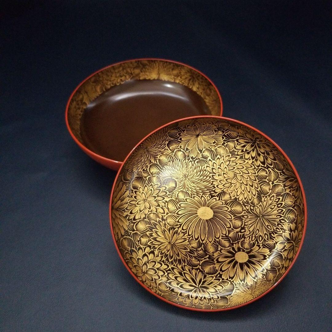 朱漆塗 見返し 総沈金 菊花紋詰 蓋付き 菓子椀 吸物椀 懐石椀 3客