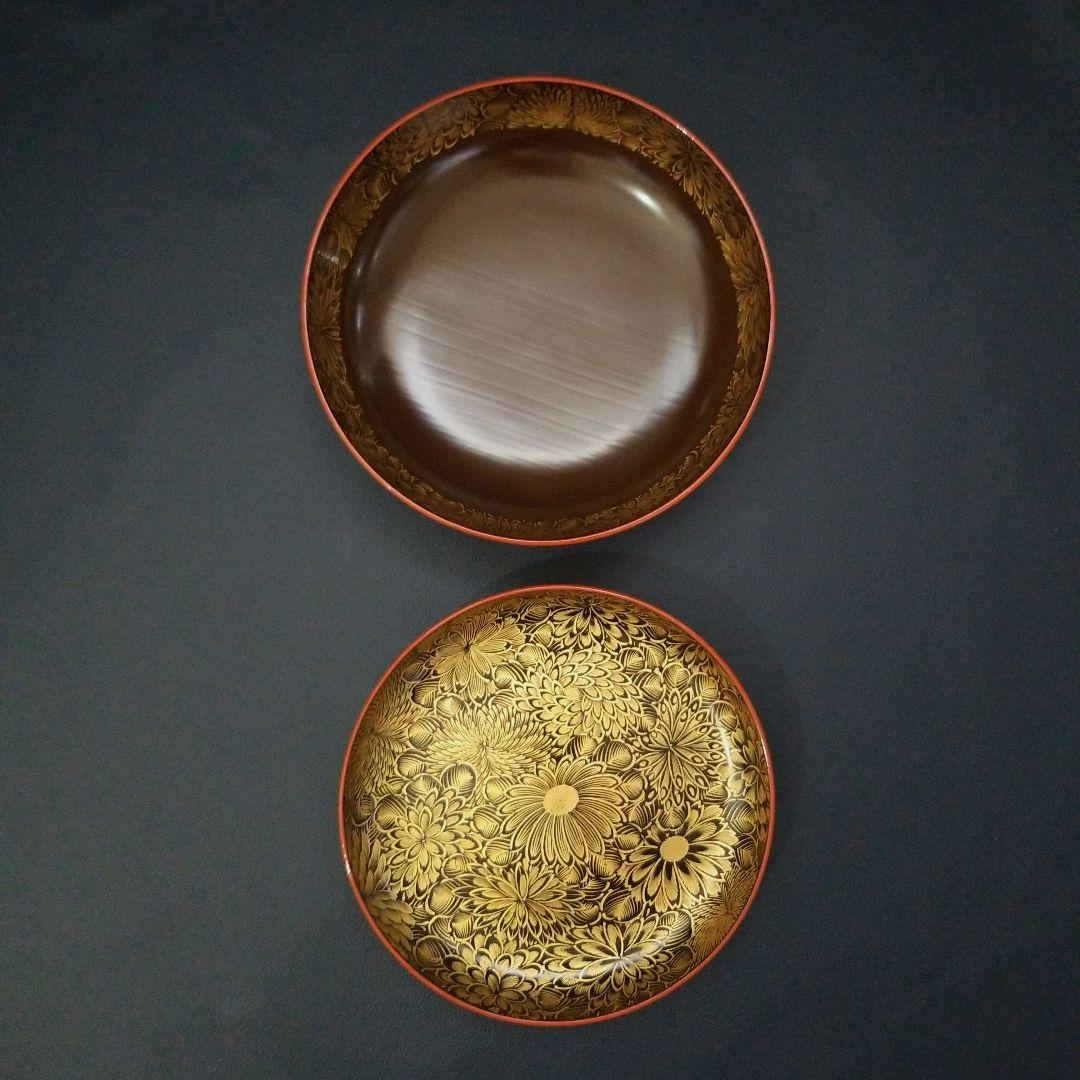 朱漆塗 見返し 総沈金 菊花紋詰 蓋付き 菓子椀 吸物椀 懐石椀 3客