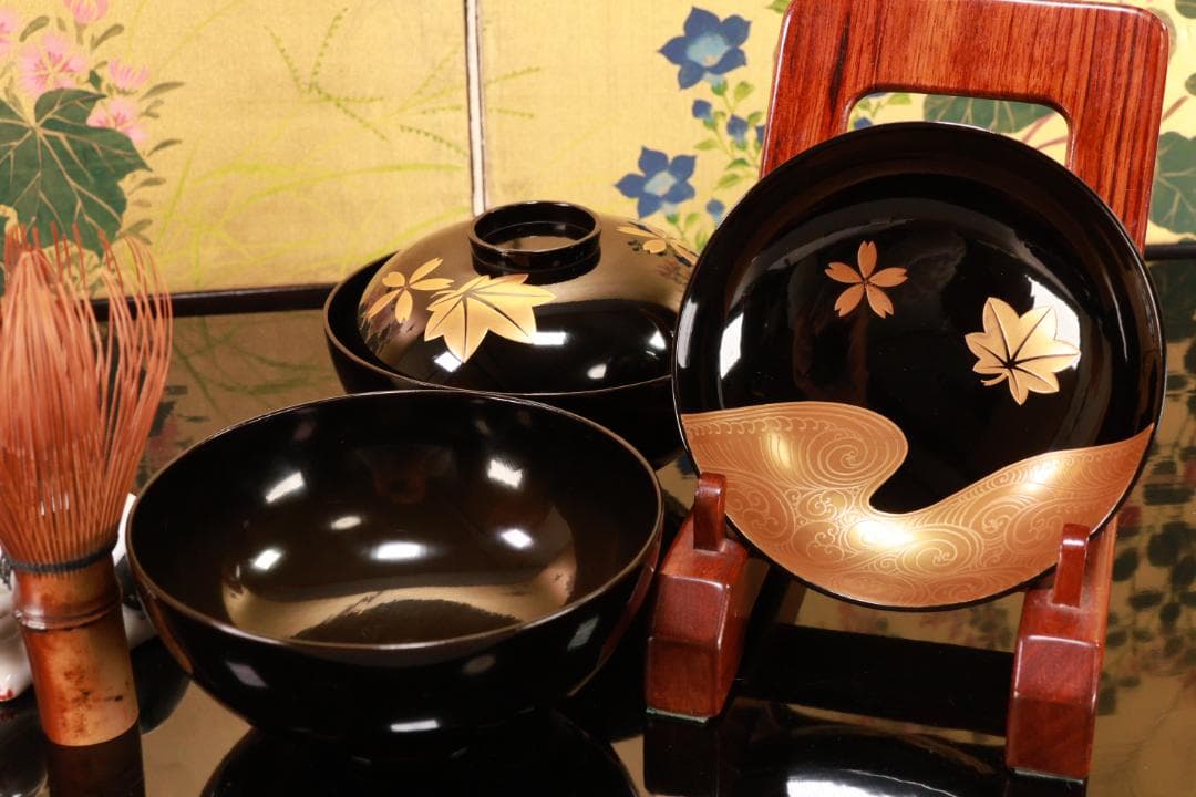 BJ111　時代輪島塗　流水紅葉桜図蒔絵　吸物椀　二客　木製　茶道具 懐石 会席