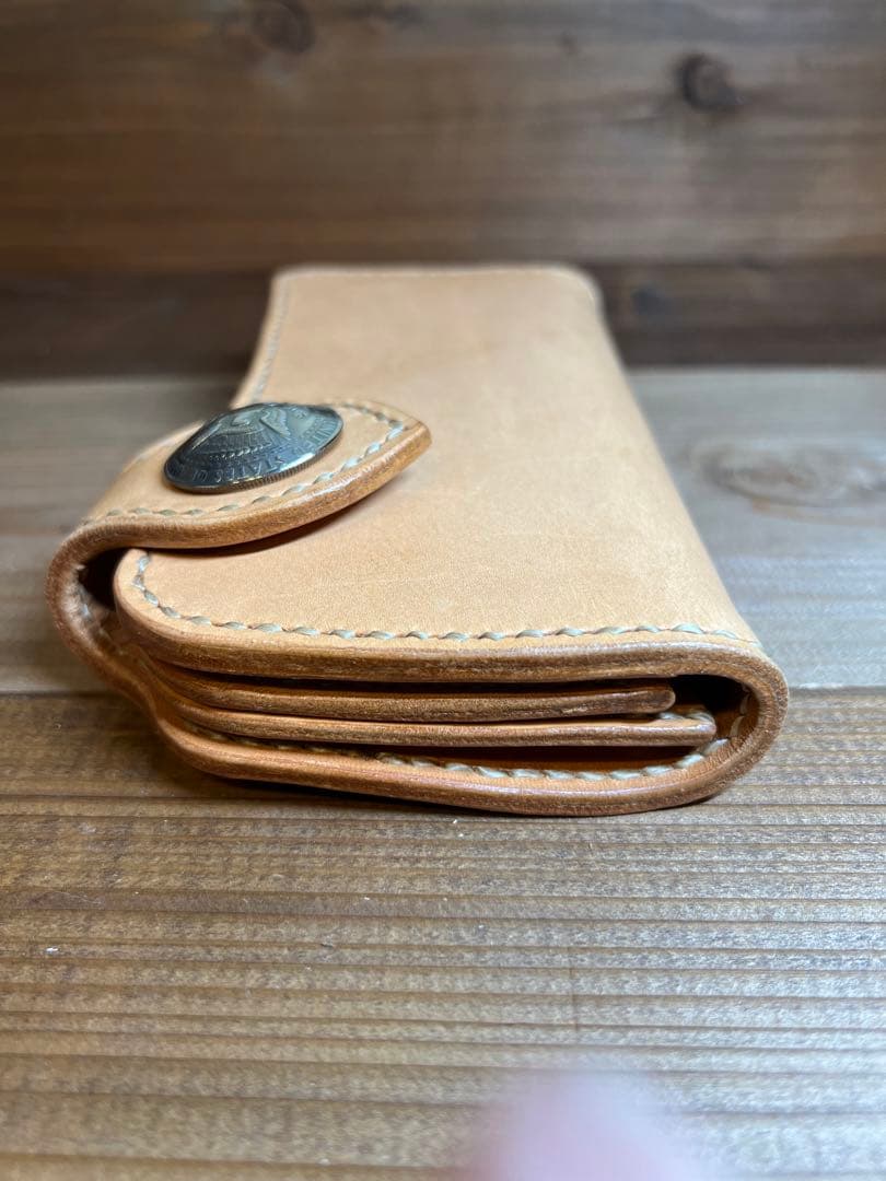【ロングウォレット】 ナチュラル 総手縫い コンチョ メンズ 本革 長財布