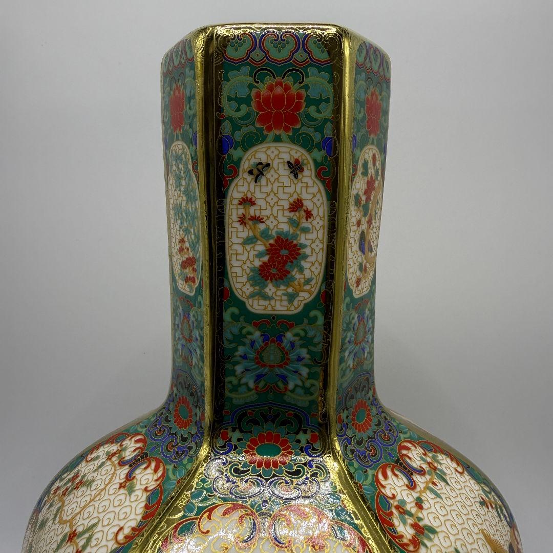 R106 彩色蒔金緑釉花鳥五稜梅瓶 花瓶（かびん）陶磁器 アンティーク