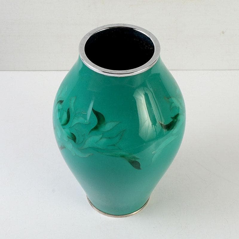 七宝焼　透翡翠釉　花文　花瓶　時代箱　V　9632D