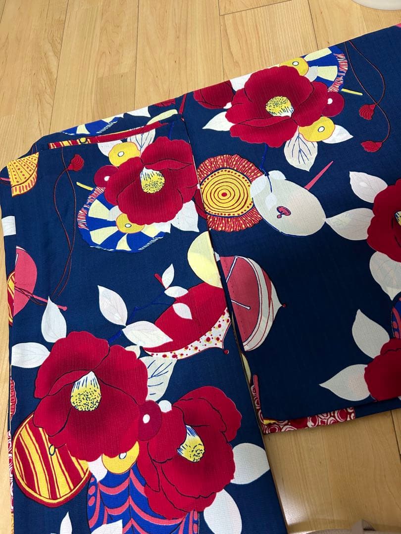 浴衣単品　ふりふ　花柄　椿　浴衣 紺色 ネイビー　セオアルファ