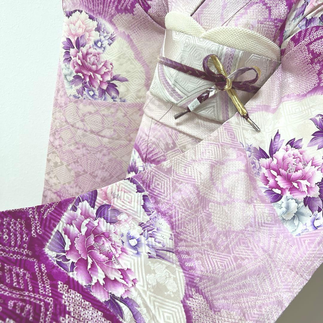 338 振袖フルセット 正絹 薄紫 パープル 絞り 銀彩 暈し染め やまと扱い