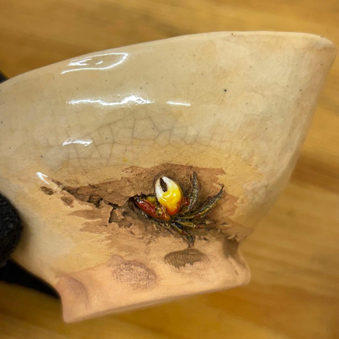 二六焼 茶器三ツ揃 佐々木二六 蟹彫刻 茶道具