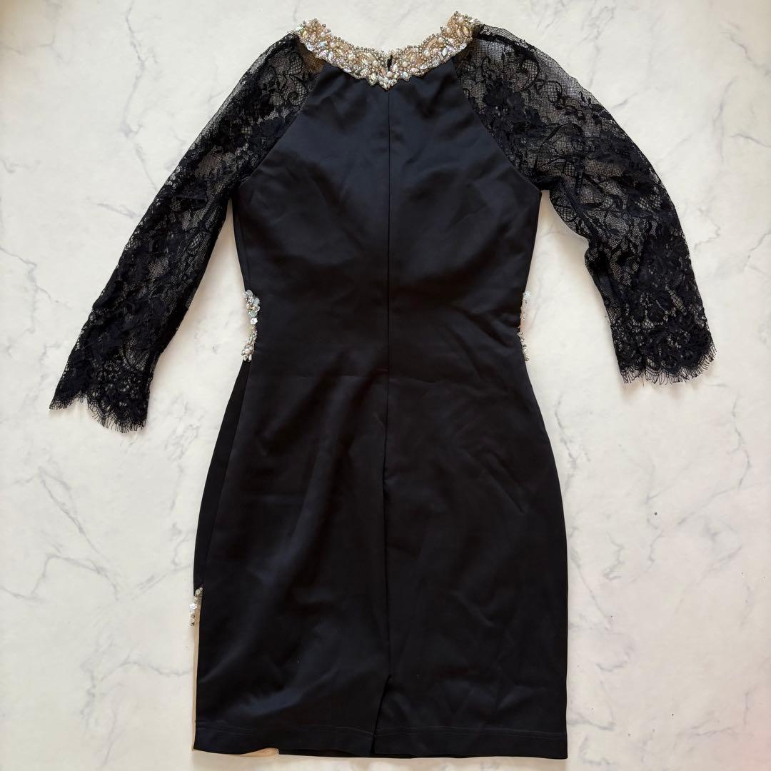 レース袖ビーズ装飾タイトドレス ブラック