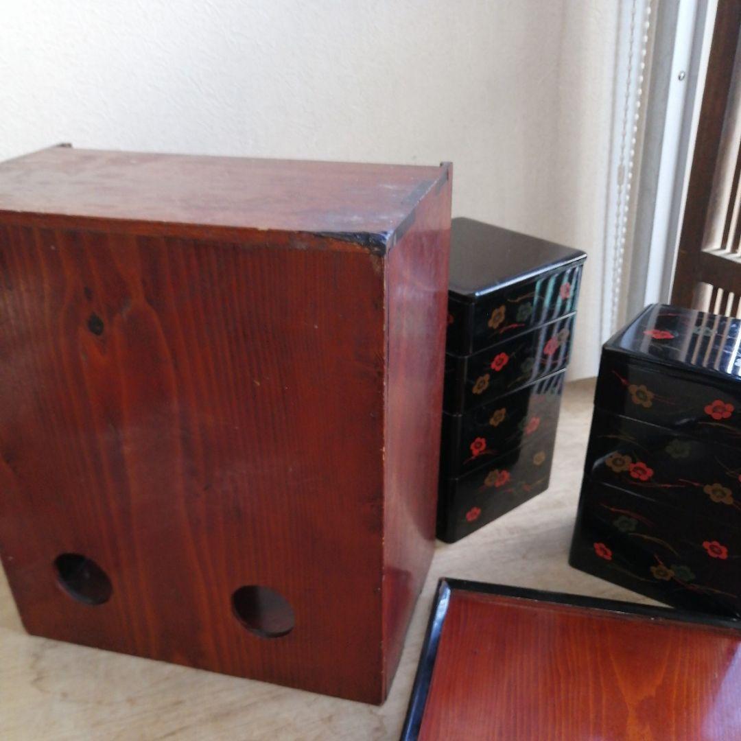 骨董　弁当箱　漆器　木製　重箱　木箱　お盆　セット　松葉に梅