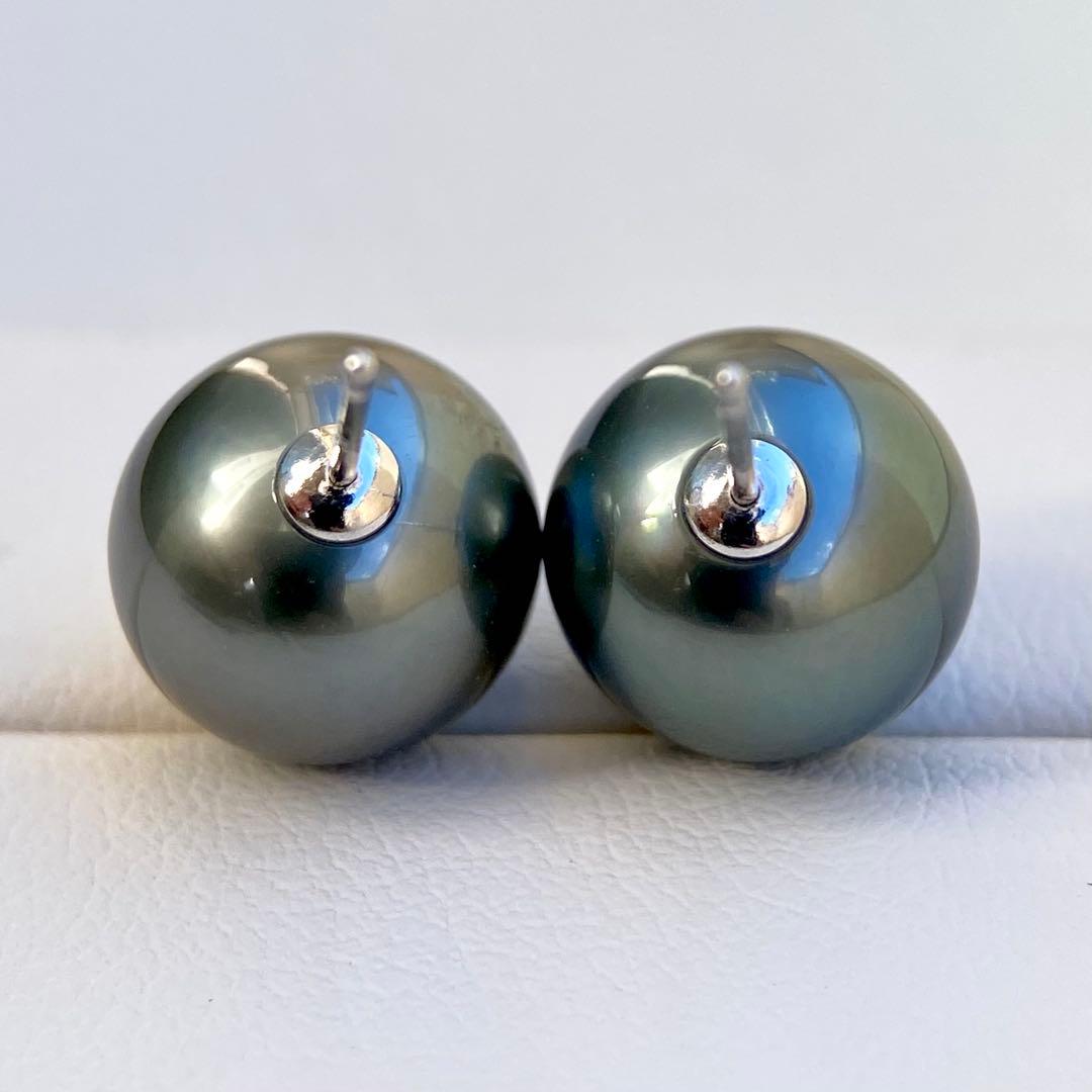 本真珠南洋黒蝶真珠グリーン11.45㍉大玉s925直結ピアスBL934