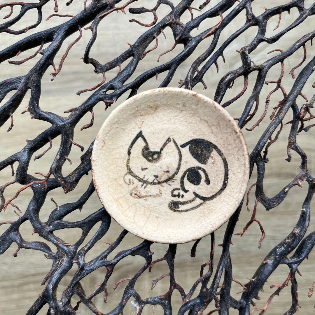 骨董　古陶　絵瀬戸　古瀬戸　希少　ブチ猫　眠り猫 図案　豆皿　手塩皿　小皿５客