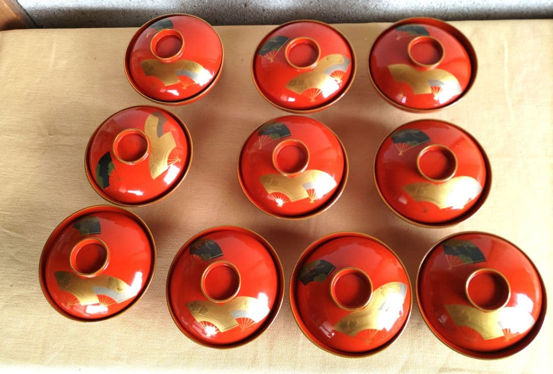 扇子金蒔絵朱塗　吸物椀　10客