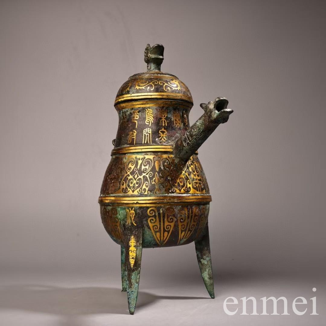 中国古美術・旧蔵搓金装飾付き銘文入り青銅酒壺・青銅・純手作り・高浮彫・置物・酒器