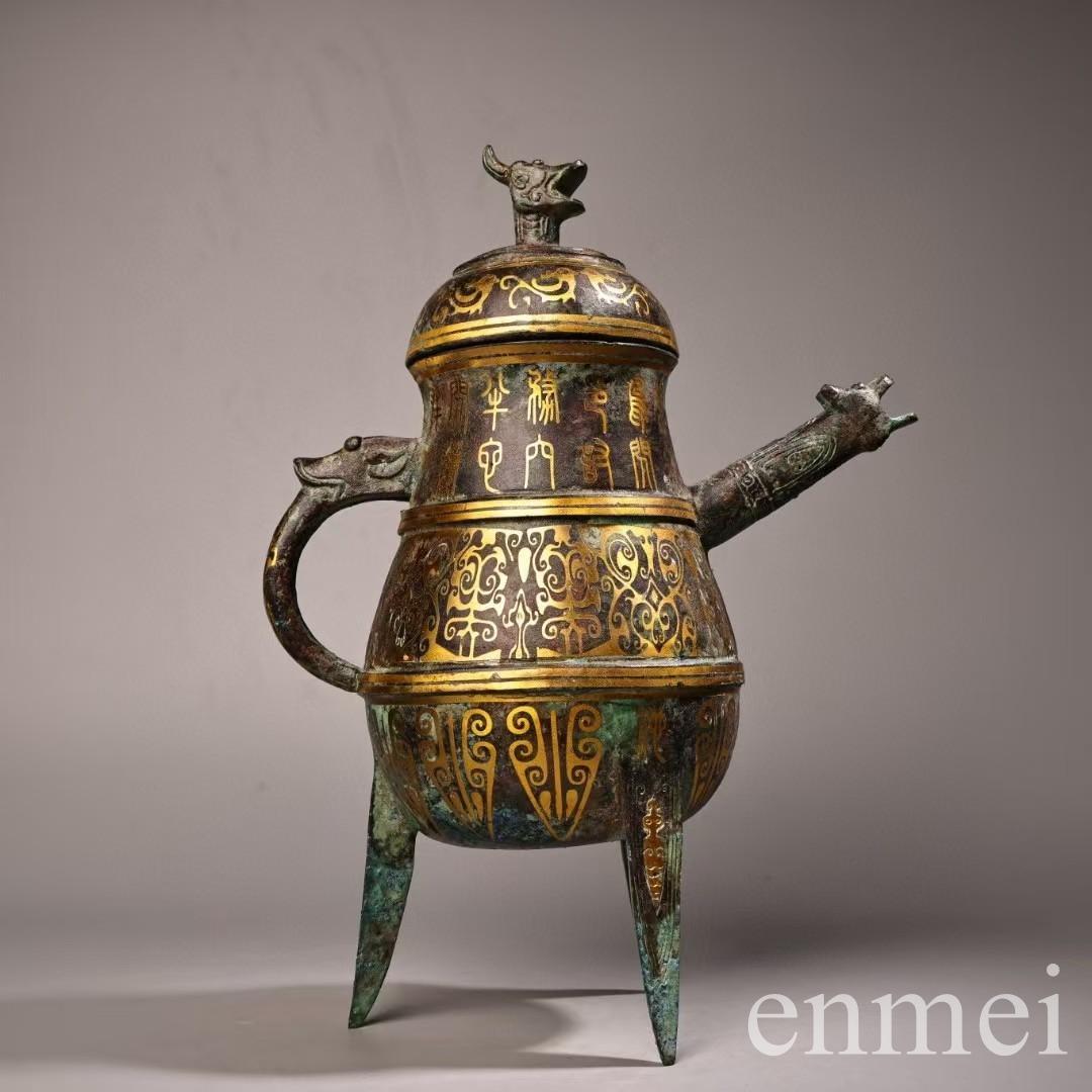 中国古美術・旧蔵搓金装飾付き銘文入り青銅酒壺・青銅・純手作り・高浮彫・置物・酒器