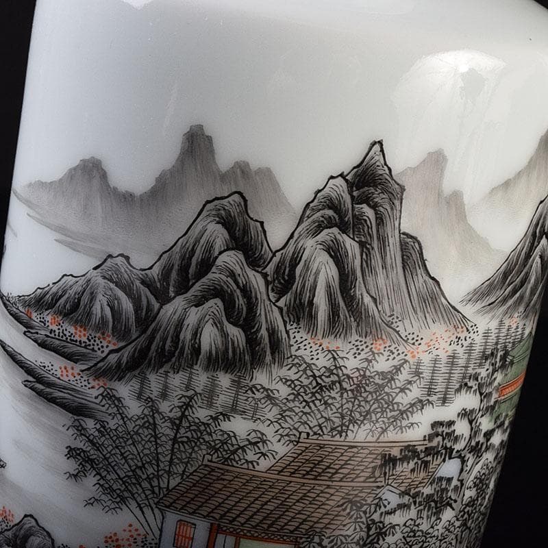 中国　居仁堂製款　山水人物文　盤口瓶　V　R9257