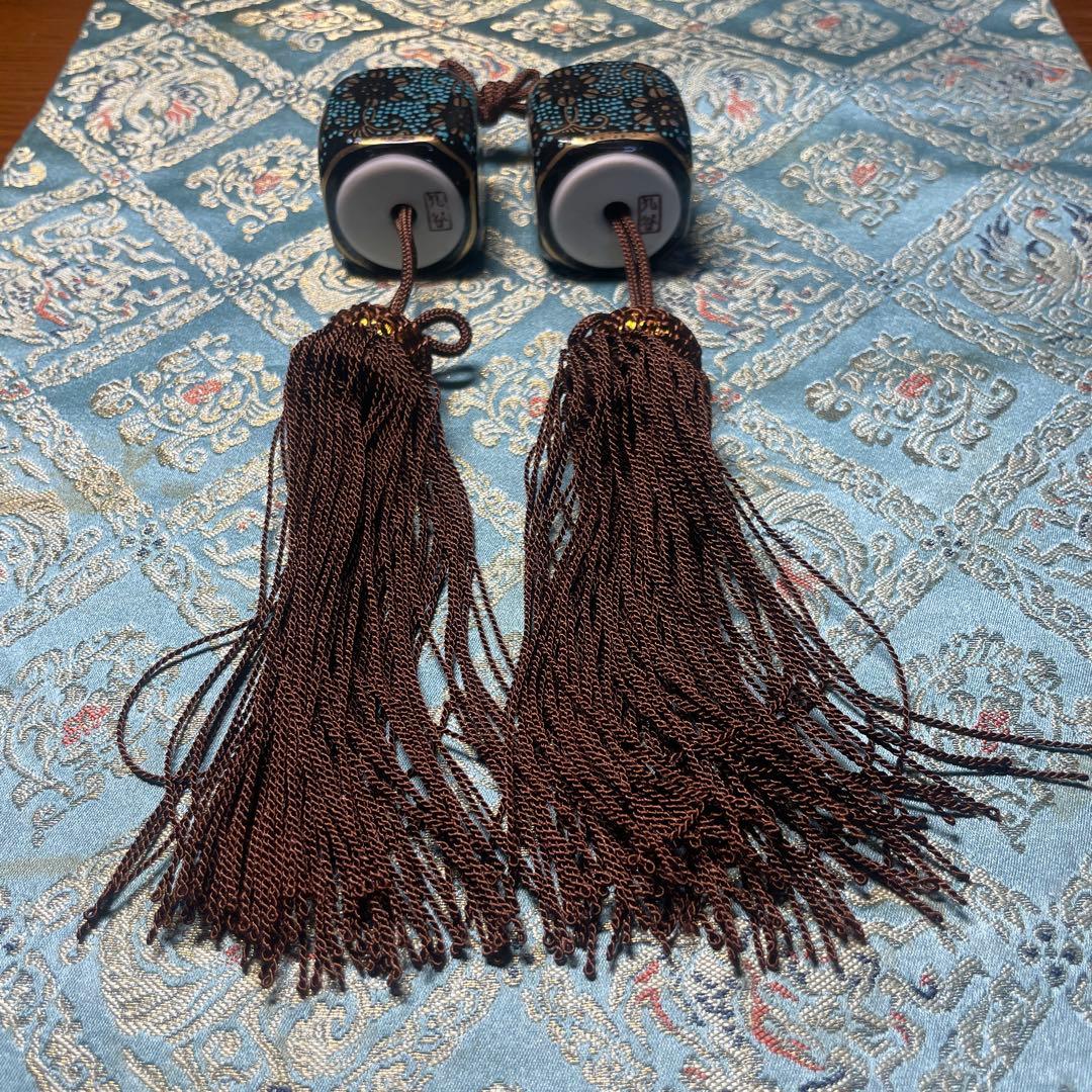 名作　九谷焼　菊仙造　床間揃　青花柄漆器香合他